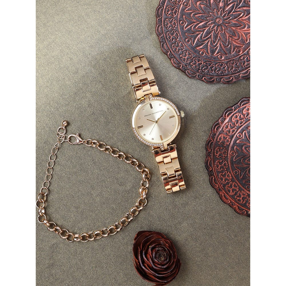 French Connection Women's 30MM Gold Tone Watch & Bracelet Gift Set
