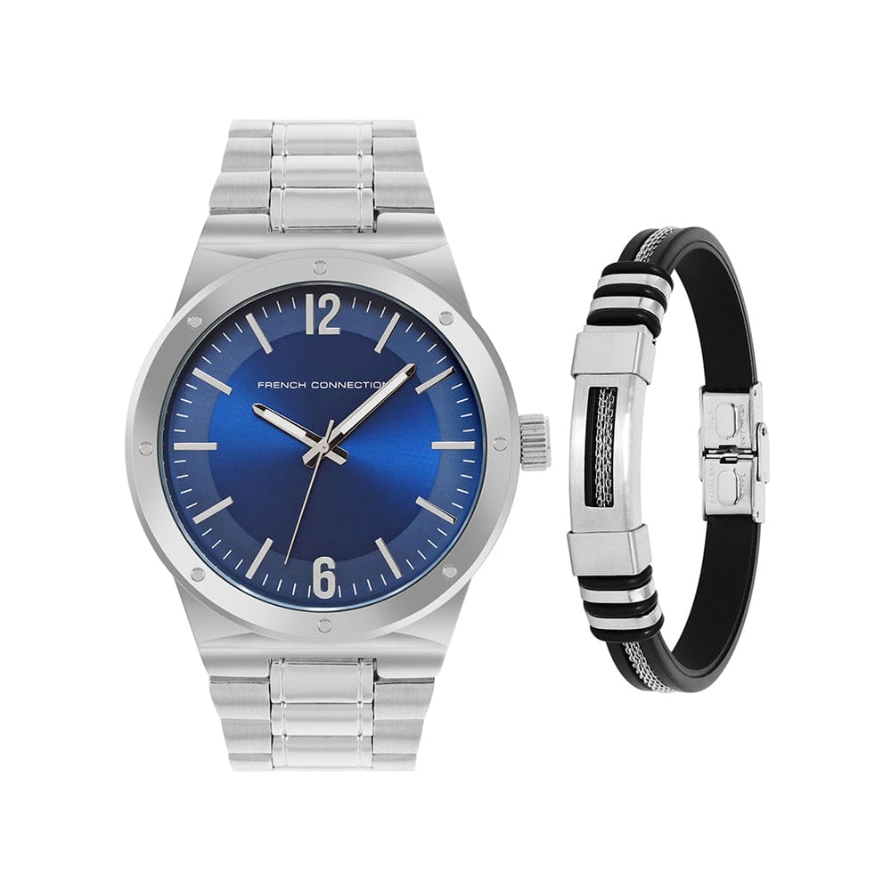 French Connection Men's 45MM Silver & Blue Tone Watch & Bracelet Gift Set