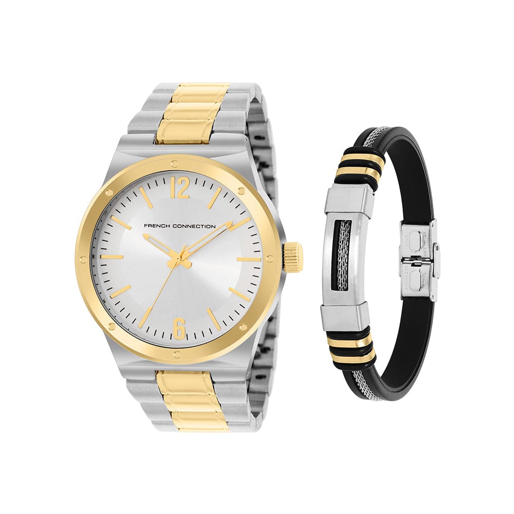 French Connection Men's 45MM Silver & Gold Tone Watch & Bracelet Gift Set
