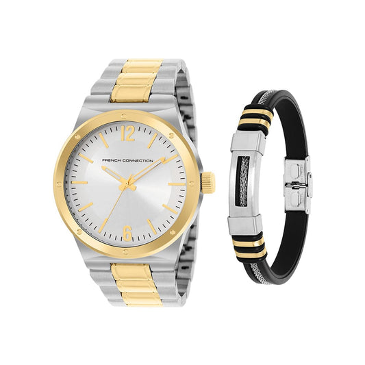 French Connection Men's 45MM Silver & Gold Tone Watch & Bracelet Gift Set