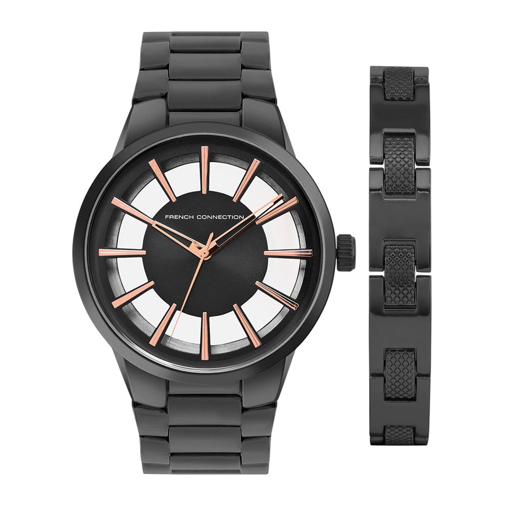 French Connection Men's 42MM IP Black Stainless Steel Watch & Bracelet Gift Set