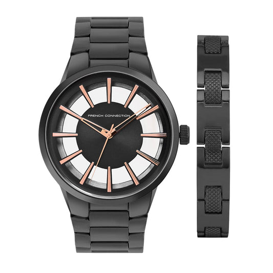 French Connection Men's 42MM IP Black Stainless Steel Watch & Bracelet Gift Set