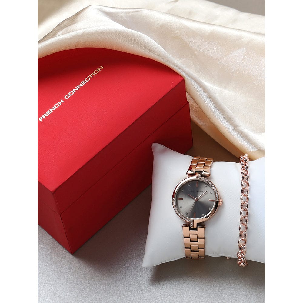 French Connection Women's 30MM Rose Gold Tone Watch & Bracelet Gift Set