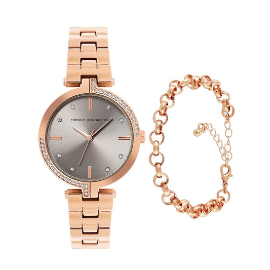 French Connection Women's 30MM Rose Gold Tone Watch & Bracelet Gift Set