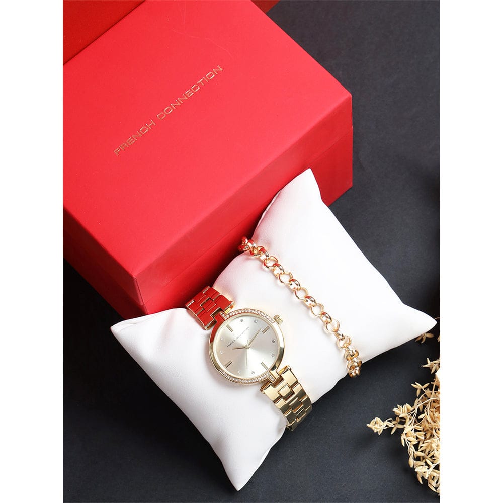 French Connection Women's 30MM Gold Tone Watch & Bracelet Gift Set