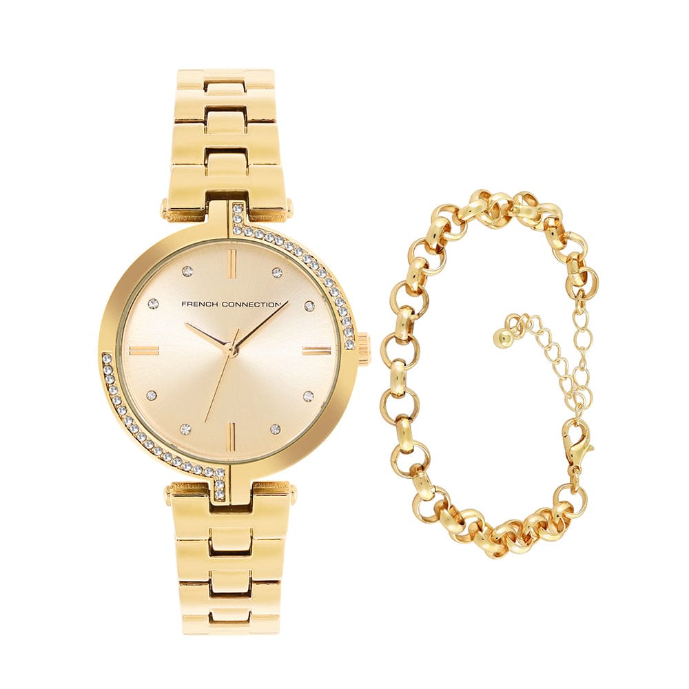 French Connection Women's 30MM Gold Tone Watch & Bracelet Gift Set