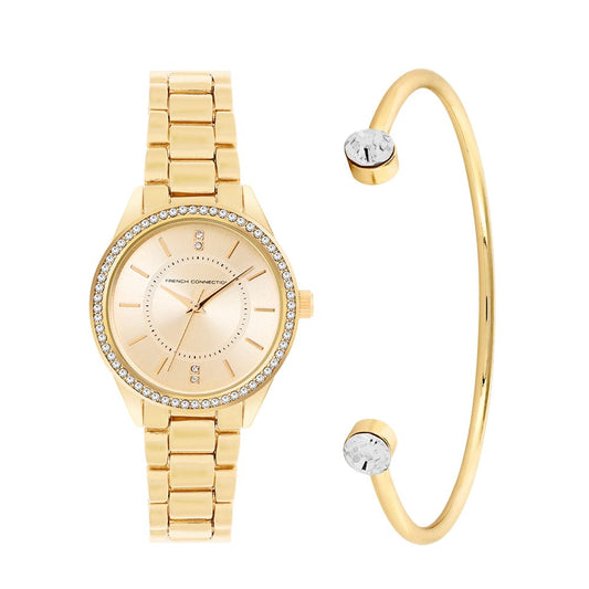 French Connection Women's 33.5MM Gold Tone Watch & Bracelet Gift Set