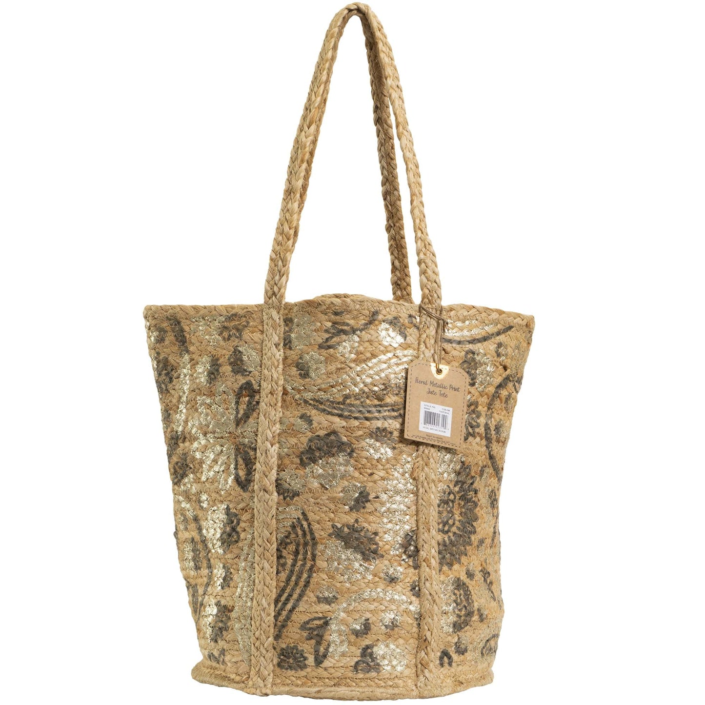 Magid Metallic Floral Print Natural Straw Jute Tote