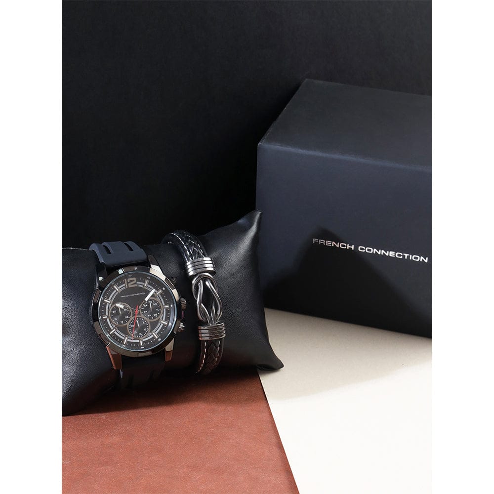 French Connection Men's 45MM Gun Metal Black Watch & Bracelet Gift Set