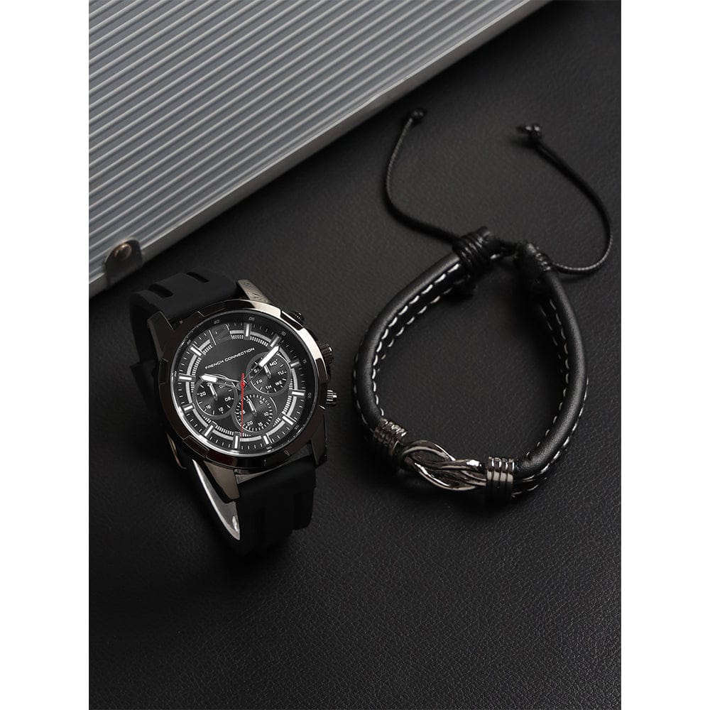 French Connection Men's 45MM Gun Metal Black Watch & Bracelet Gift Set