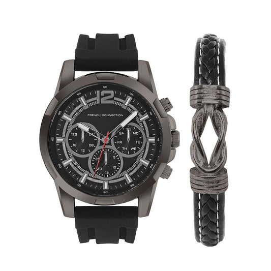 French Connection Men's 45MM Gun Metal Black Watch & Bracelet Gift Set