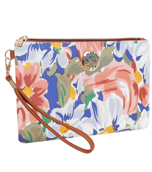 Rebecca & Rifka Floral Print Medallion Zip Wristlet