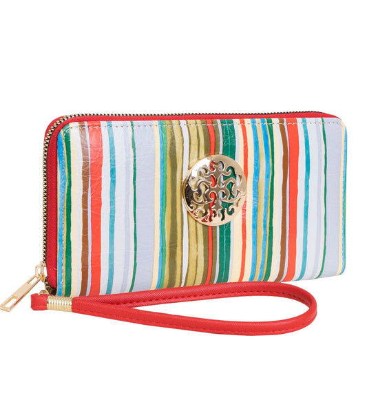 Rebecca & Rifka Multi Stripe Print Medallion Zip Wristlet Wallet